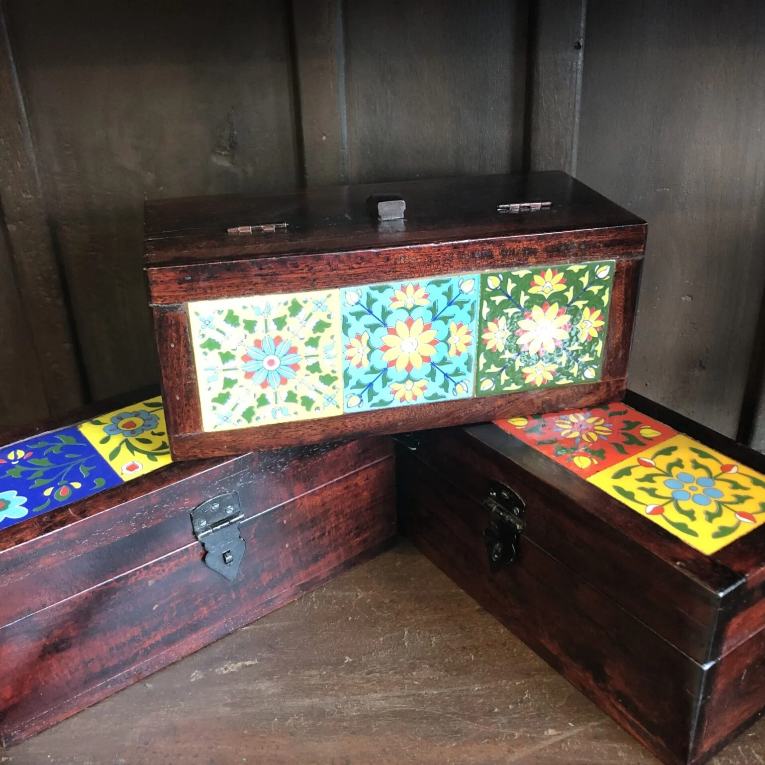 3er Schmuckkästchen mit Keramikladen Holz